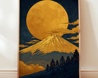 Mount Fuji Moon Print: Japanese Landscape Art, Minimalist Nature Decor