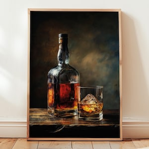 Stampa artistica da parete con bottiglia di whisky, decorazione da bar bourbon per uomini, poster vintage di liquori, illustrazione di drink rustici, opera d'arte per caverne di uomini con alcolici