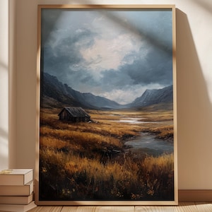 Stampa di un paesaggio malinconico delle Highlands, arte rustica di un fiume di montagna, dipinto di una valle autunnale, decorazione da parete di un cottage di campagna vintage, opera d'arte scozzese
