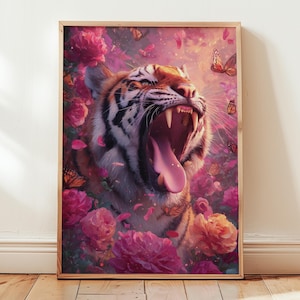 Fierce Tiger Floral Art Print: Surreal Pink Jungle Wall Decor
