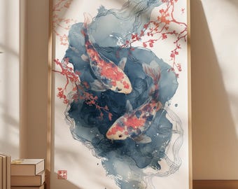Impresión de peces koi japoneses: arte de tinta de flor de cerezo, decoración zen