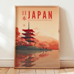 Poster de voyage au Japon : Mont Fuji et fleurs de cerisier - Art zen d&#39;inspiration vintage