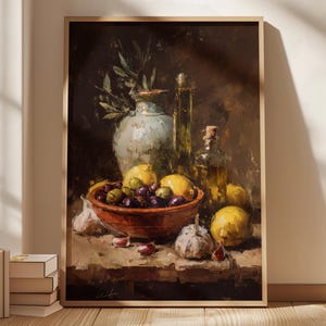 Decorazione murale da cucina con olio d'oliva e limoni - Stampa di natura morta mediterranea, arte culinaria in stile rustico, decorazione rustica per dispensa