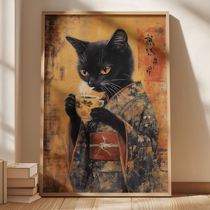 Poster di caffè con gatto nero – Stampa artistica di gatto in stile giapponese – Arte del gatto kimono che beve caffè – Arte murale senza cornice per cucina o sala da tè