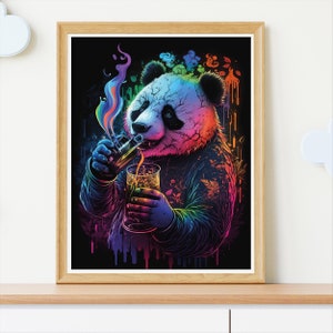 Póster de panda imprimible para fiesta, arte de pared de panda, divertido animal, decoración del hogar, póster de animal psicodélico, descarga digital, impresión de panda de fiesta de neón
