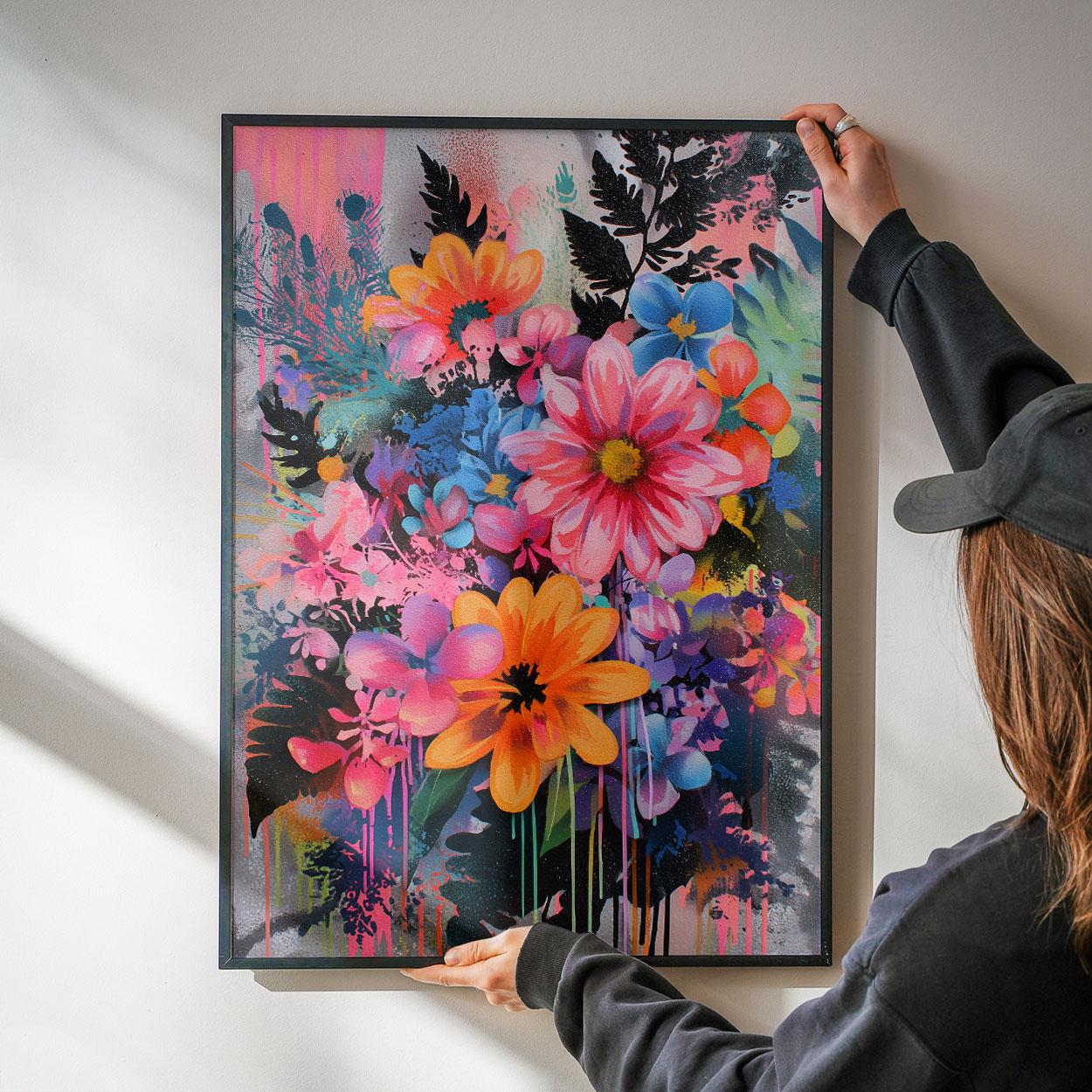 Wild Bloom Riot Wall Art — Pink & Rainbow Floral Graffiti Giclée