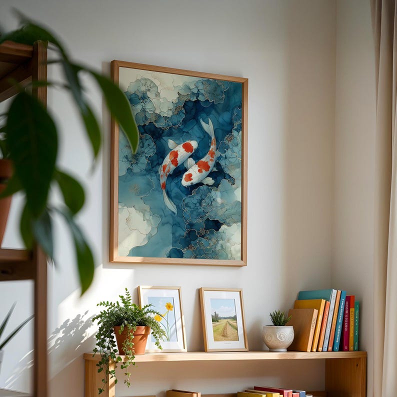 Puede incluir: Una impresi&oacute;n art&iacute;stica enmarcada con dos peces koi con marcas rojas y blancas nadando en un fondo abstracto azul y blanco. La obra de arte est&aacute; en un marco de madera y cuelga de una pared blanca. Tema de decoraci&oacute;n del hogar.