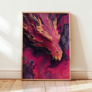Può includere: Stampa artistica astratta raffigurante la testa di un drago in tonalità rosa, oro e nero. L'opera è incorniciata in una cornice di legno naturale. La forma del drago è resa con pennellate fluide e vorticose.