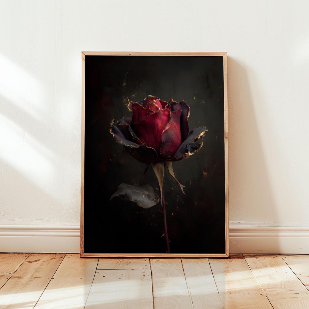 Dark Rose Giclée Art Print: Red & Black Floral Wall Decor With Gold ...