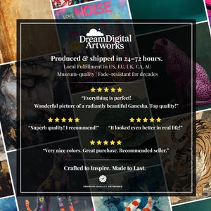 Puede incluir: Anuncio enmarcado de DreamDigital Artworks, con rese&ntilde;as de clientes y la frase &laquo;Producido y enviado en 24-72 horas&raquo;. El fondo presenta diversas obras de arte, incluyendo un guepardo rosa y un tigre, con el logotipo en la parte superior.