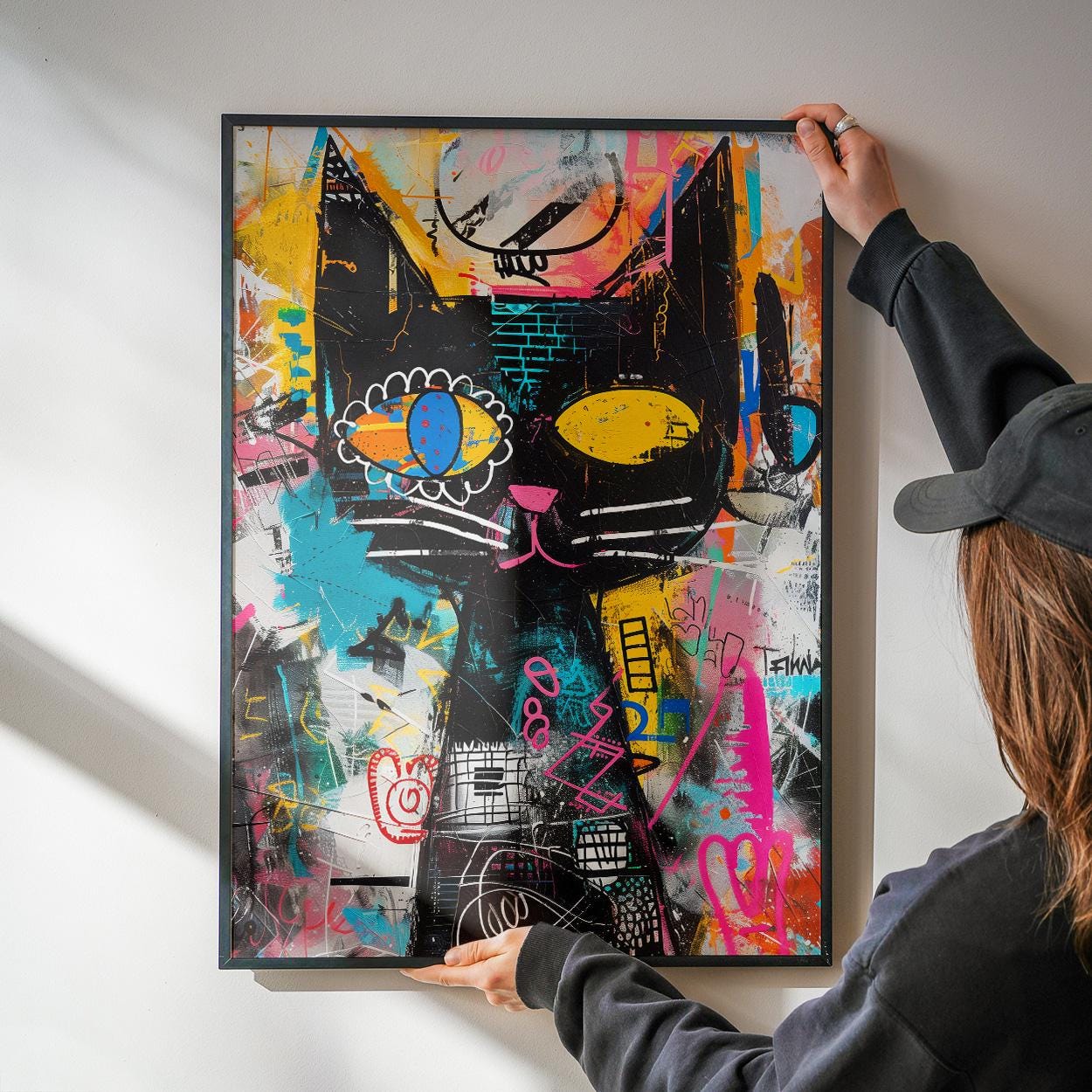 Neo-expressive Cat Art Print: Neo-expressionist Graffiti Wall