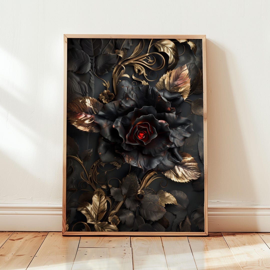 Nocturne Rose Wall Art — Black & Gold Floral Wall Decor - Etsy