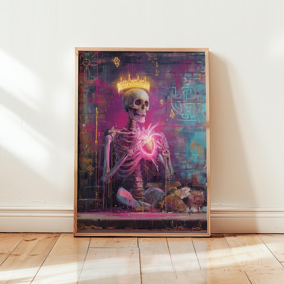 Skeleton Graffiti Heart Art Print: Neon Urban Crown Poster - Etsy