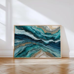 Groenblauwe huidige muurkunst — Blauwgroene abstract, gouden marmerstroom