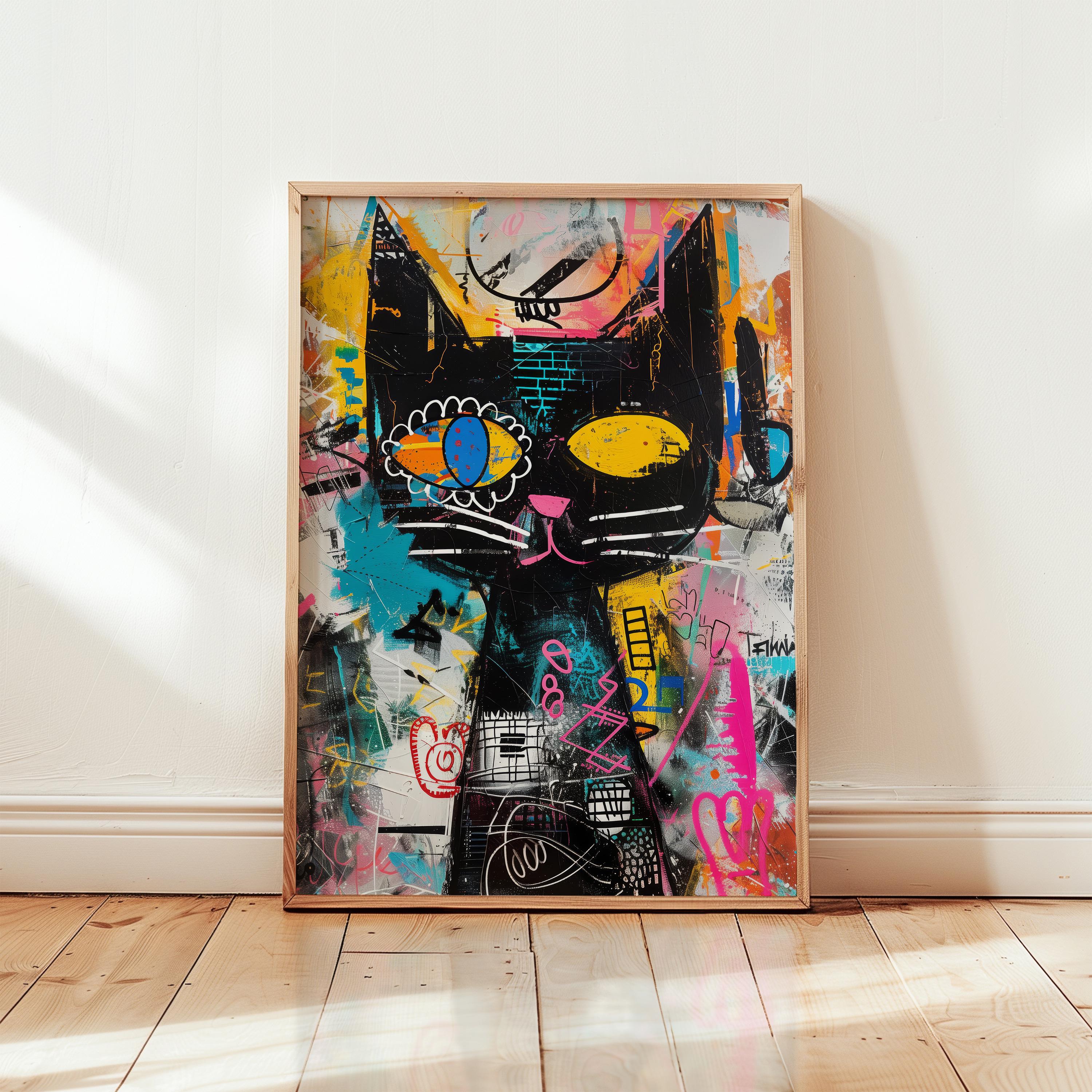 Neo-expressive Cat Art Print: Neo-expressionist Graffiti Wall