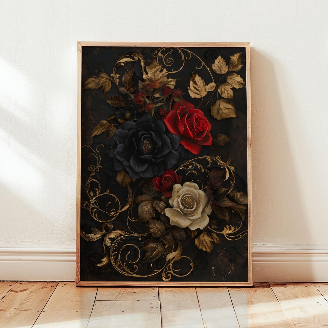 Midnight Baroque Roses Wall Art — Black & Gold Floral - Etsy