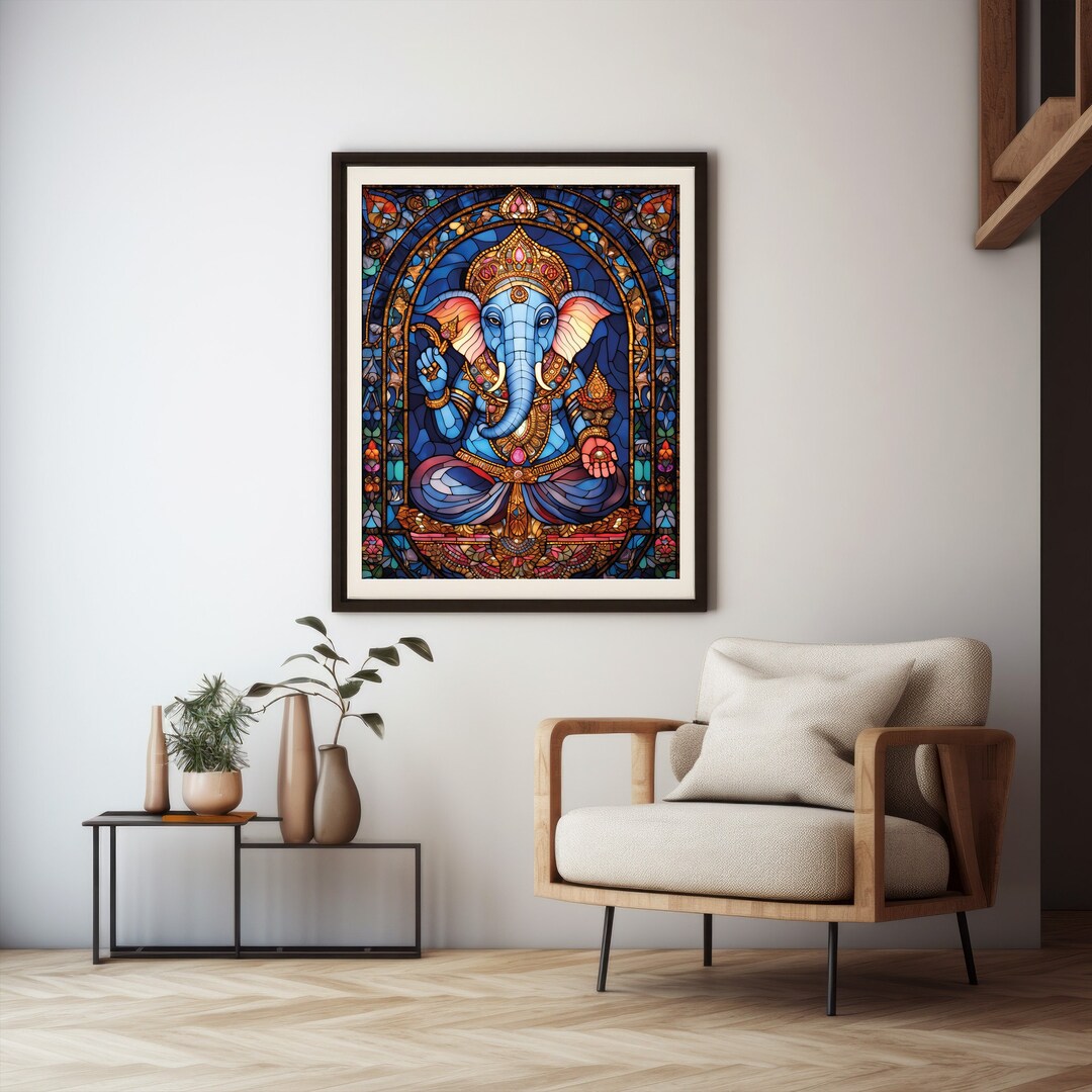 Printable Ganesha Wall Art Hindu Home Decor Stained Glass Window Print