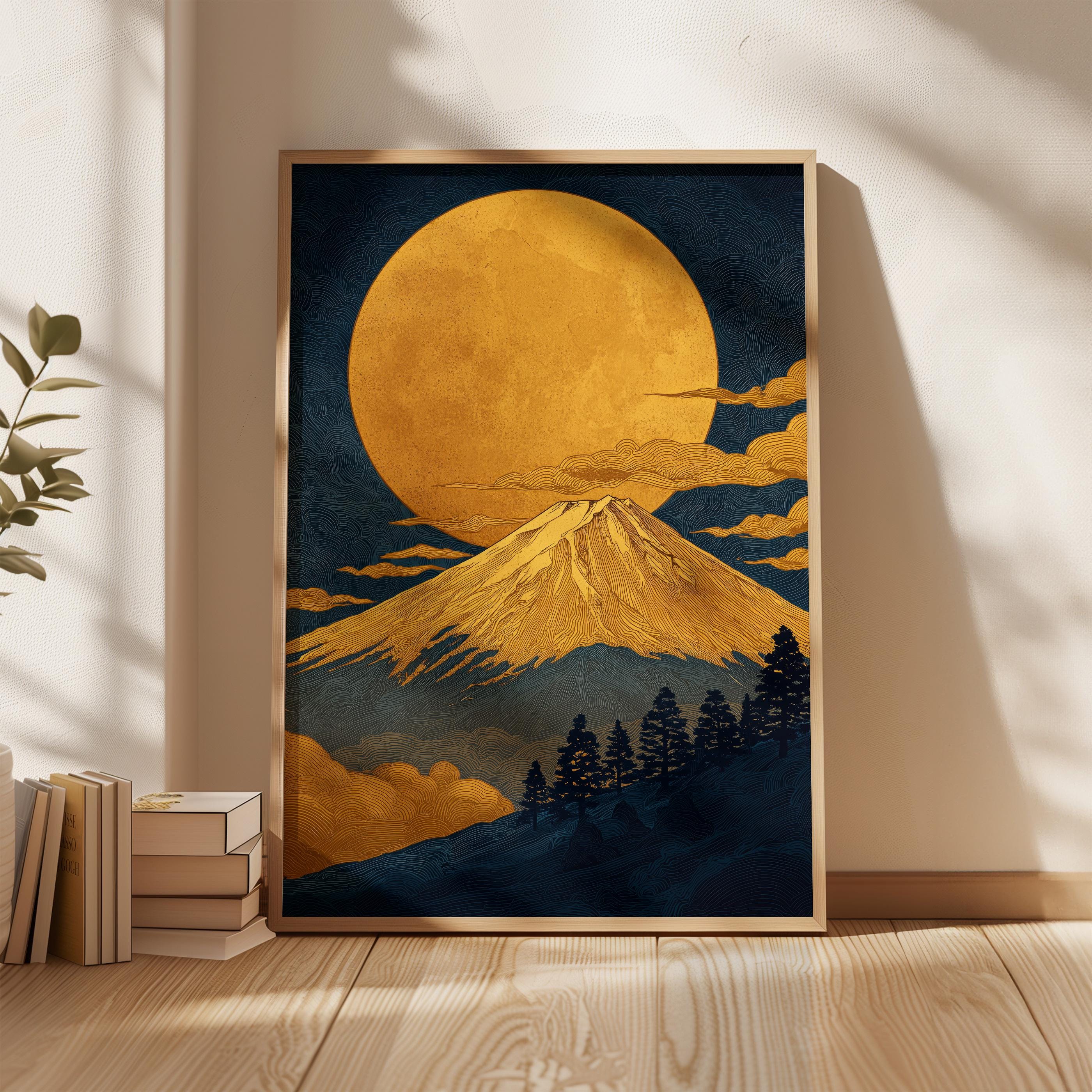Mount Fuji Moon Print: Japanese Landscape Art, Minimalist Nature