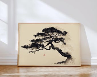May include: A framed horizontal wall art print featuring a black ink wash painting of a gnarled bonsai pine tree on a cream-colored background. The tree has a thick, textured trunk and layered foliage, with a small red square seal mark visible.