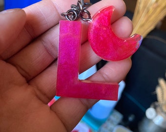 L and moon hot pink keychain