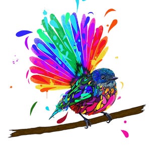 Könnte beinhalten: Bunte Illustration eines Vogels auf einem braunen Ast. Der Vogel hat einen blauen Kopf und einen Körper mit leuchtenden Farben wie Grün, Gelb, Orange, Rosa und Rot. Seine Schwanzfedern sind ein Regenbogen, ergänzt durch Farbspritzer.