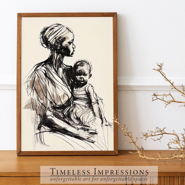 Africaine mère et enfant croquis PRINTABLE Wall Art | Téléchargement instantané pour la décoration intérieure | Ferme | Campagne