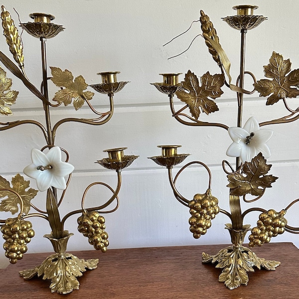Vintage French Ornate Brass Grape Vine and Wheat Church Alter Candelabra Pair with Milk Glass Flowers - 5 Arm Candelabras