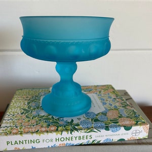 Vintage Indiana Glass Kings Crown Compote Turquoise Frosted Footed Bowl Vintage