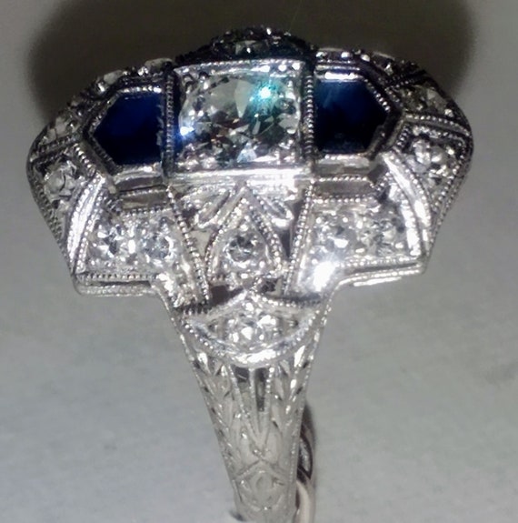 Circa 1920's Navette Style Platinum Diamond Sapph… - image 4