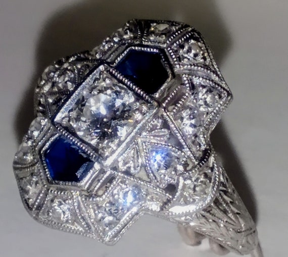 Circa 1920's Navette Style Platinum Diamond Sapph… - image 3
