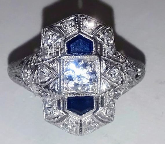 Circa 1920's Navette Style Platinum Diamond Sapph… - image 1