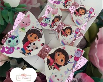 gabbys dollhouse Handmade Hairbows | Girls Hair Accessories | Baby Bows | Glitter Pigtails | Toddler Hair Bow | Baby Girl Hairclip |