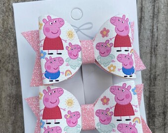 Peppa pig evie pig George handmade Hairbows | Girls Hair Accessories | Baby Bows | Glitter Pigtails | Toddler Bow | Girl Hairclip | Dress Up