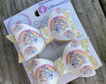 bluey and bingo Handmade Hairbows | Girls Hair Accessories | Baby Bows | Glitter Pigtails | Toddler Hair Bow | Girl Hairclip |