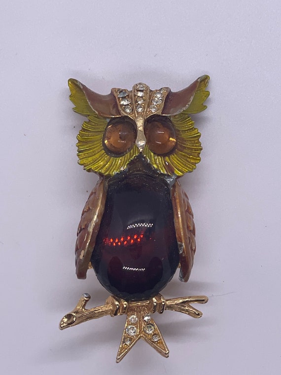Vintage Signed ART Owl Brooch (gold and brown ton… - image 1