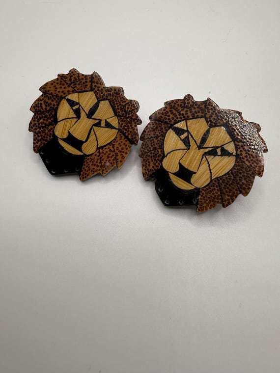 Vintage Eclectic Wooden Inlay Lion Earrings