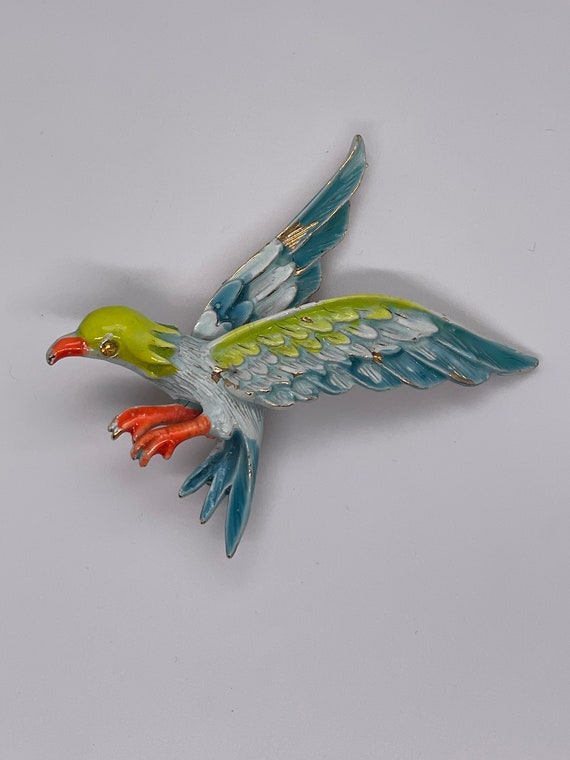 Vintage Signed ART Bird Brooch (green,orange and b