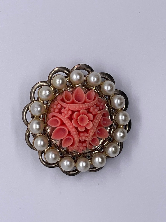 Vintage Floral Brooch (bronze and coral color  wit