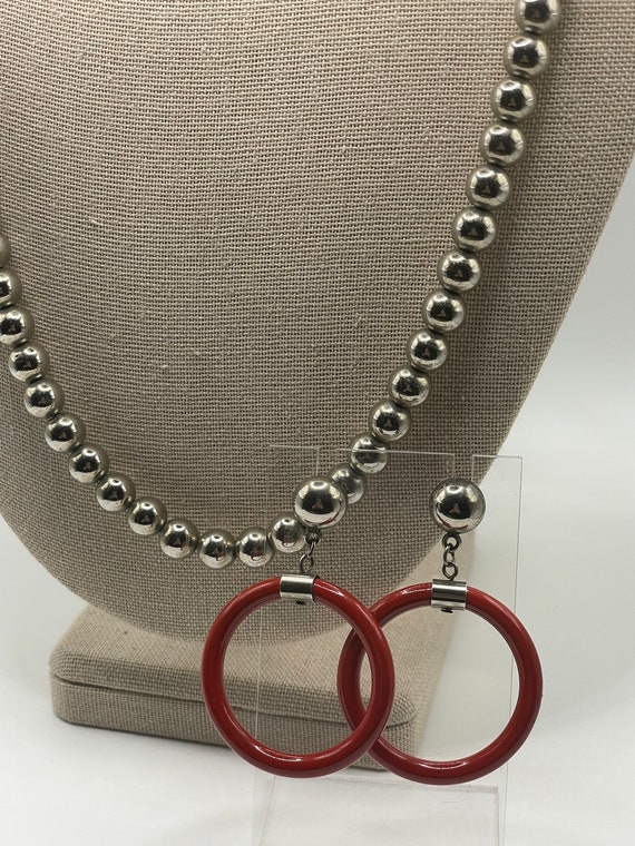 Vintage Necklace and Earring Set- Silver and Red