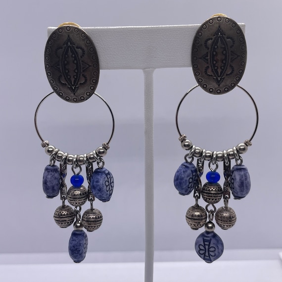 Handmade Beaded Boho dangle earrings (Silver, blu… - image 1