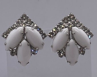 Vintage Milkglass and Rhinestones Clip on Earrings