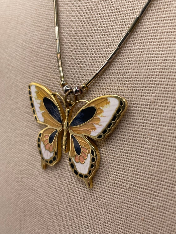 Vintage Gold, Black and White Butterfly Pendant - image 4