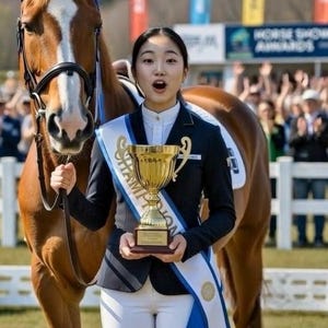 May include: An equestrian champion holds a gold trophy, wearing a sash that reads "Champion". She stands with a brown horse at a horse show. The horse has a white blaze on its face. The champion is wearing a navy jacket, white trousers, and black boots.