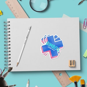 May include: A blue and pink sticker with the text "BIMBOS AGAINST MATH" in a white outline. The sticker is in the shape of a stylized X.