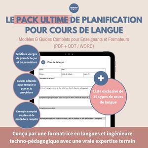 Könnte beinhalten: Ein digitales Tablet zeigt ein Sprachkurs-Planungspaket. Das Bild enthält französischen Text, darunter "LE PACK ULTIME DE PLANIFICATION POUR COURS DE LANGUE" und "Modèles & Guides Complets". Es beinhaltet Unterrichtsplanvorlagen, detaillierte Anleitungen und eine Liste von 15 Sprachkurstypen.