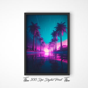 Puede incluir: Una impresión digital de una ilustración de estilo retro de palmeras en una playa con una puesta de sol rosa y azul. Los árboles se reflejan en el agua.