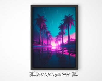 Digital konst med synthwave-trädlinje, AI-synthwave-väggkonst, tropisk synthwave-trädlinje, Synthwave-väggkonst, Blade Runner-väggkonst, AI-väggkonst