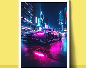 AI-superbilstryck, Synthwave-superbilstryck, AI-konsttryck, Synthwave digitalt tryck, Neon City-tryck, AI-superbil synthwave-tryck