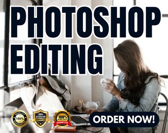 May include: A woman sits at a desk with a laptop and a cup of coffee. The text "PHOTOSHOP EDITING" is displayed in large, bold letters at the top of the image. Three badges are visible at the bottom of the image, each with the text "100% GUARANTEED" and a different icon. A button with the text "ORDER NOW!" is visible at the bottom of the image.