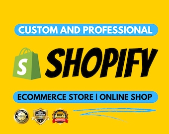 Könnte beinhalten: Ein gelber Hintergrund mit blauem und grünem Text, der "CUSTOM AND PROFESSIONAL SHOPIFY ECOMMERCE STORE | ONLINE SHOP" lautet. Es gibt drei goldene Abzeichen mit dem Text "QUALITY 100% GUARANTEED", "100% SATISFACTION GUARANTEED" und "100% MONEY BACK GUARANTEED".